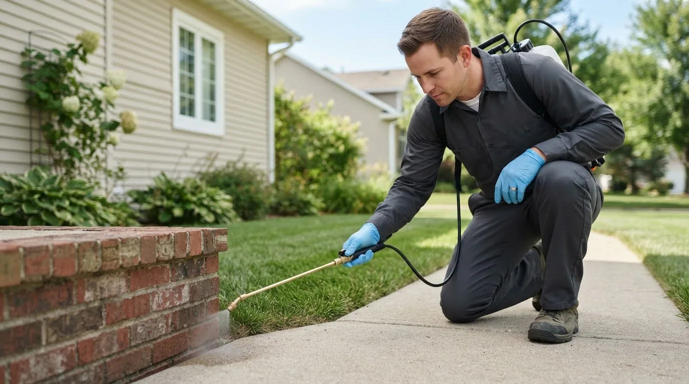Pest control technician treating a home near Willow City, TX